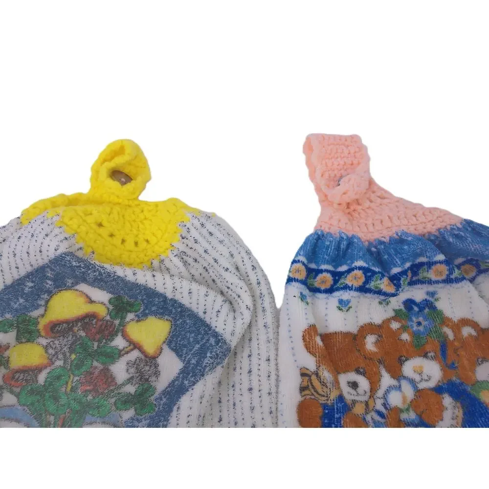 Vtg Franco Royal Crochet Top Kitchen Hand Towels Mushroom Teddy Bear Set Of 2